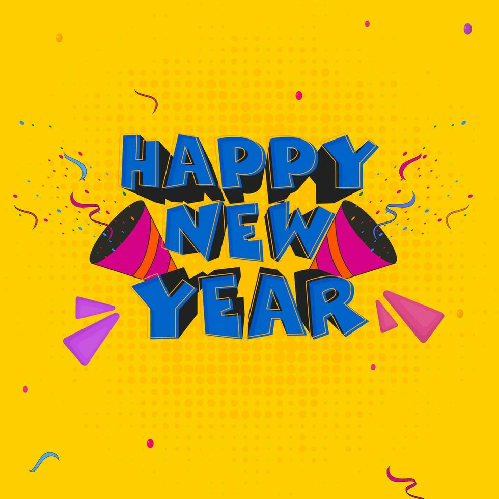 feliz Novo ano Fonte com explodindo festa poppers em amarelo meio-tom efeito fundo. vetor