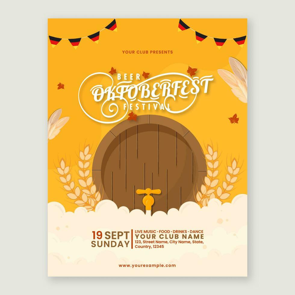 oktoberfest Cerveja festival modelo Projeto com frente Visão do barril toque e trigo orelhas em amarelo fundo. vetor
