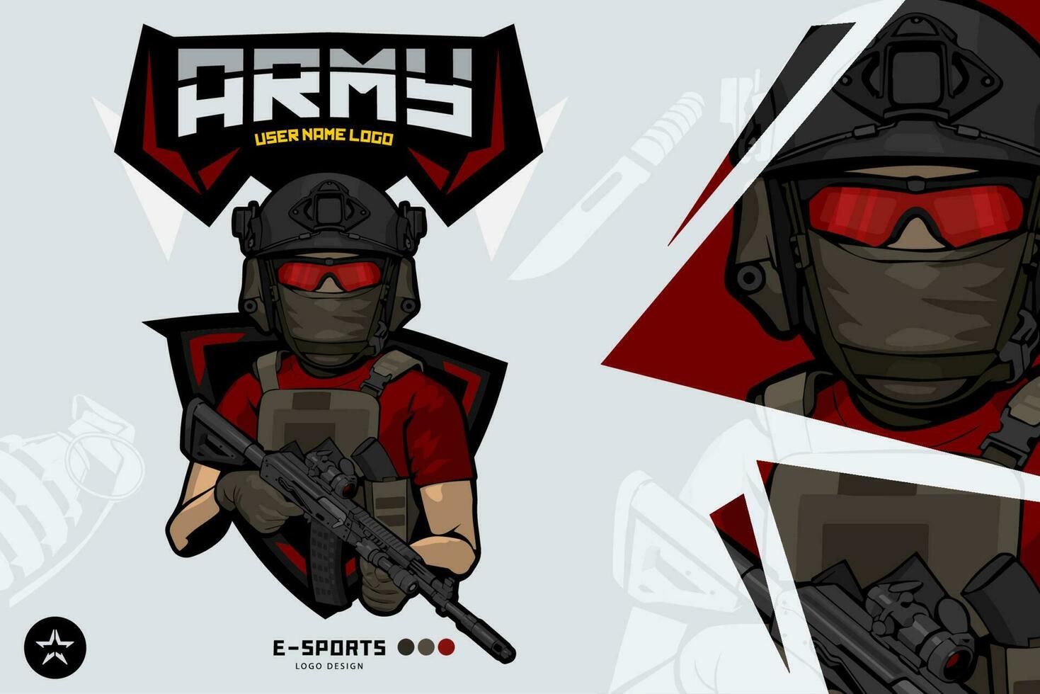 exército soldado mascote logotipo para esport e esporte mercenário rifle vermelho vetor