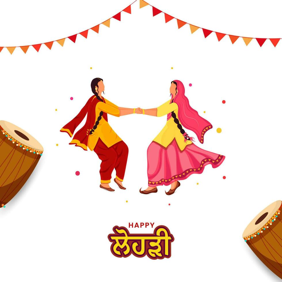 feliz Lohri celebração conceito com sem rosto punjabi mulheres realizando giddha dança, dhol instrumentos e estamenha bandeiras em branco fundo. vetor