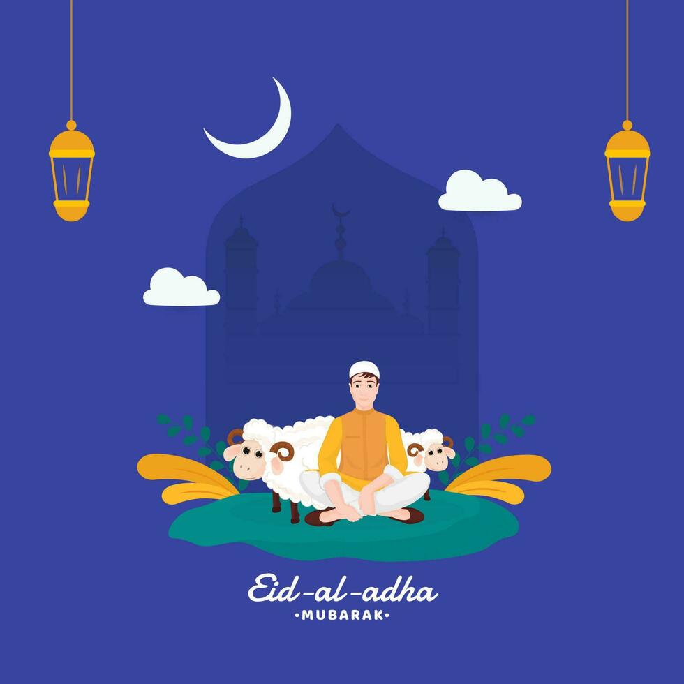 eid-al-adha Mubarak conceito com muçulmano homem sentado, dois desenho animado ovelha, crescente lua e lanternas aguentar em azul silhueta mesquita fundo. vetor