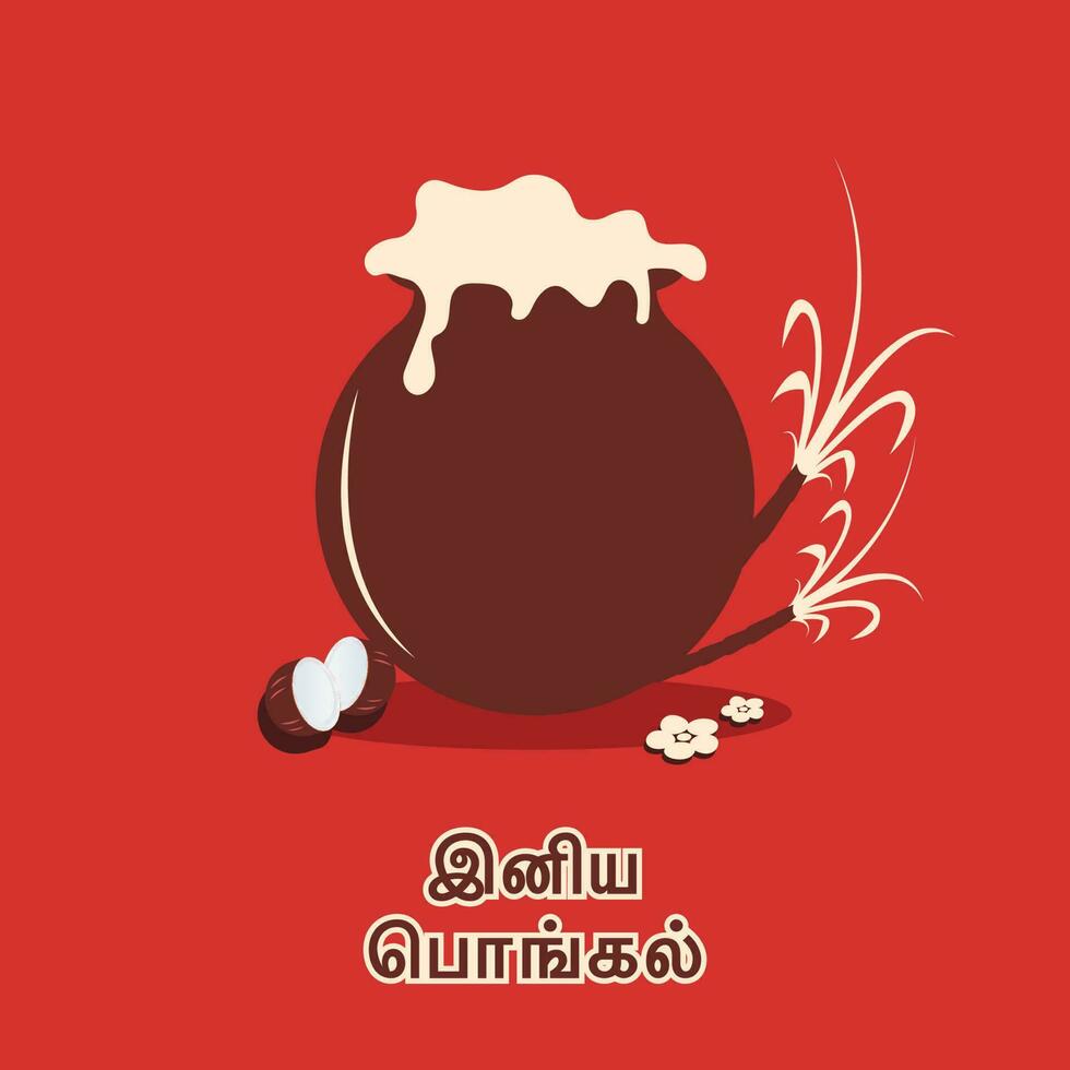 adesivo estilo feliz pongal Fonte dentro tamil língua com lama Panela cheio do tradicional prato arroz, coco e cana de açúcar em vermelho fundo. vetor