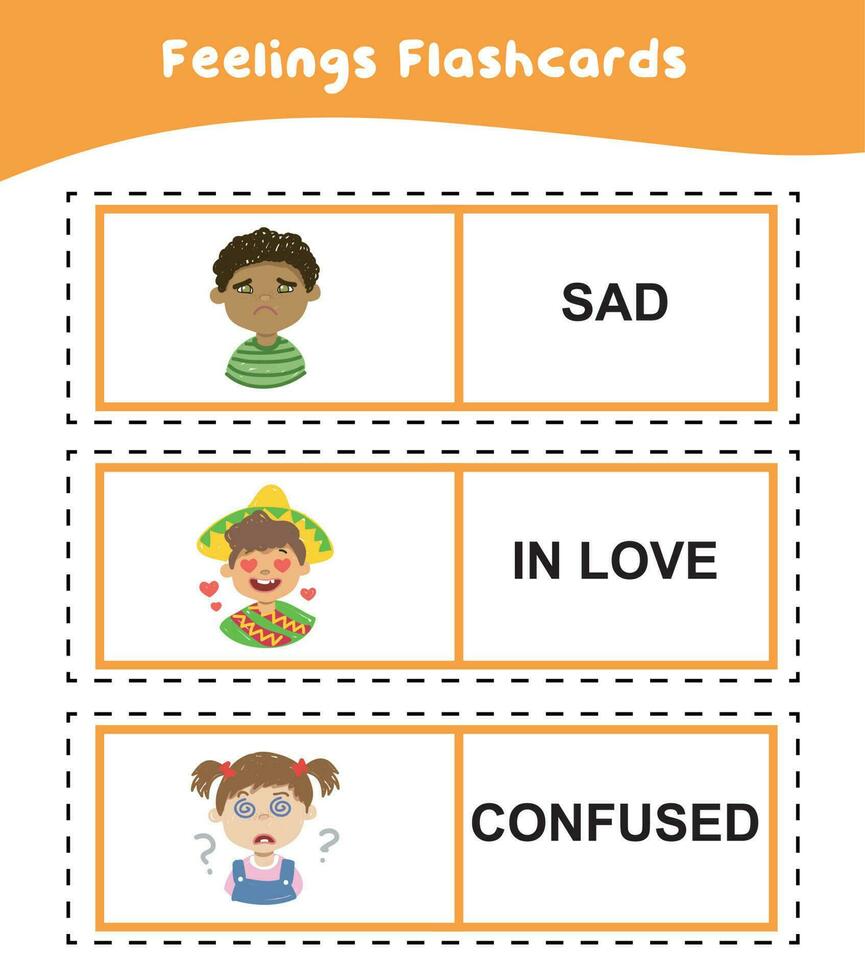 sentindo-me flashcards conjunto para crianças para Compreendo sobre expressando sentimentos. emoções cartão de memória imprimível. facial expressão. diversidade para crianças. vetor arquivo.