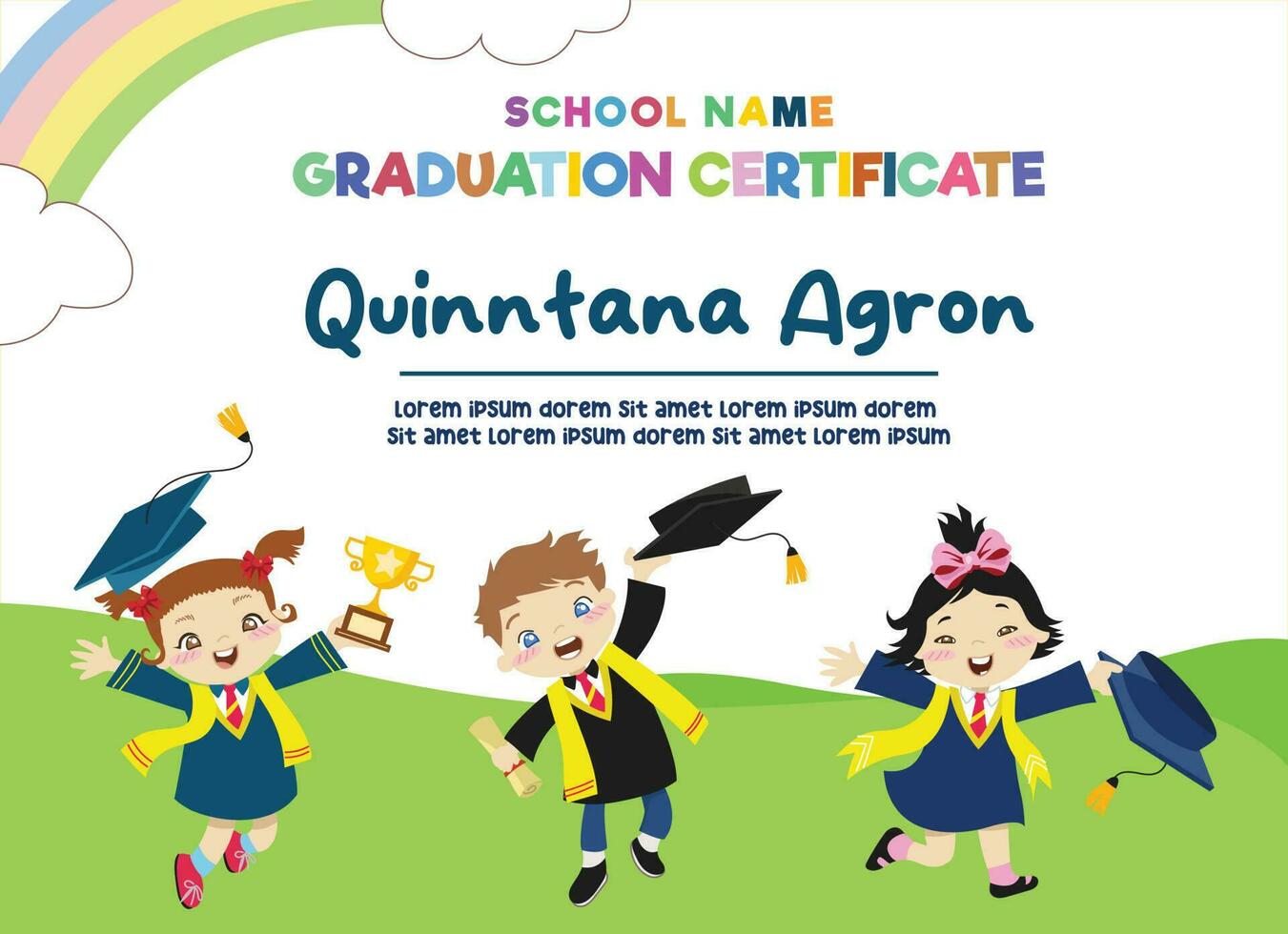 fofa diploma certificado modelo para pré escola, Jardim da infância ou primário escola estudante. crianças a comemorar a graduação Felizmente. vetor arquivo.