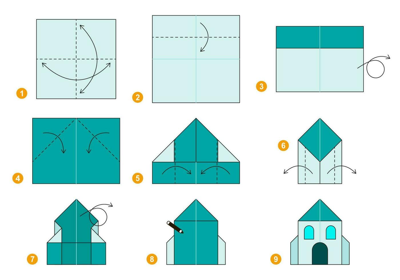 casa origami esquema tutorial comovente modelo. origami para crianças. degrau de degrau quão para faço uma fofa origami casa. vetor ilustração.