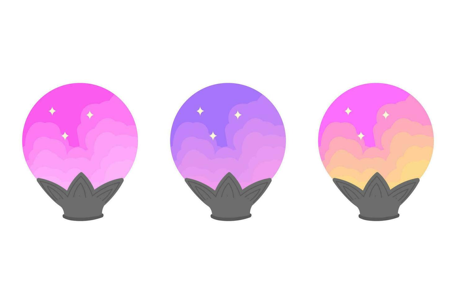 conjunto do 3 multicolorido vetor bolas para adivinhação isolado em uma branco fundo. Magia vidro cristais com nuvens e estrelas dentro em uma lindo metal ficar em pé.