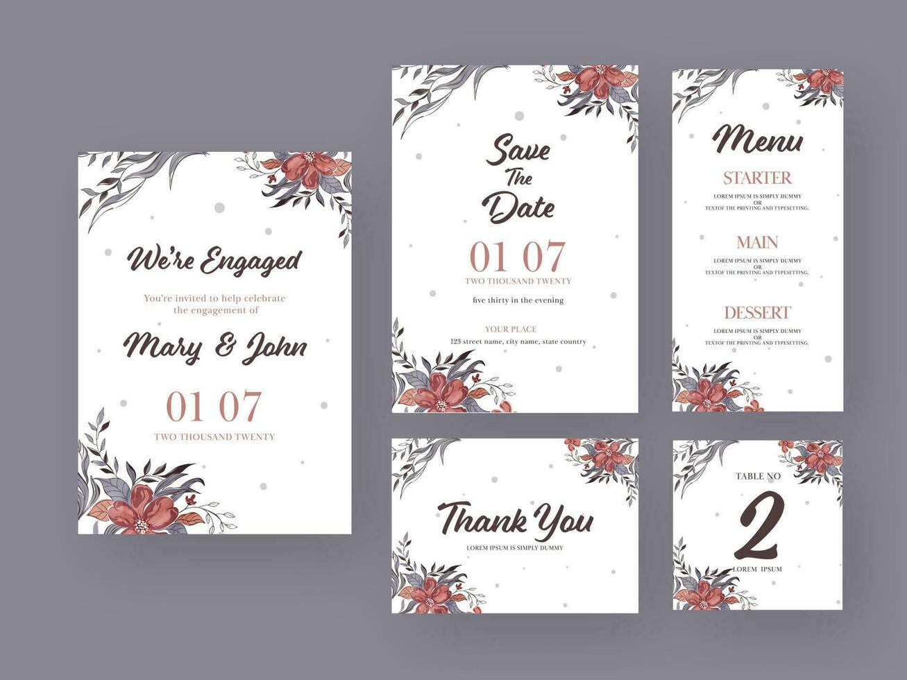 floral Casamento convite cartão conjunto tal Como Salve  a data, cardápio detalhes, mesa número e obrigado você. vetor