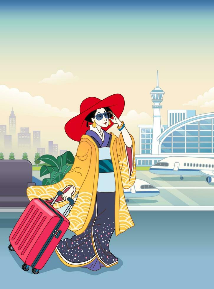 aeroporto moda com ukiyo-e estilo mulher vestindo quimono, oculos de sol e puxar uma vermelho mala de viagem vetor