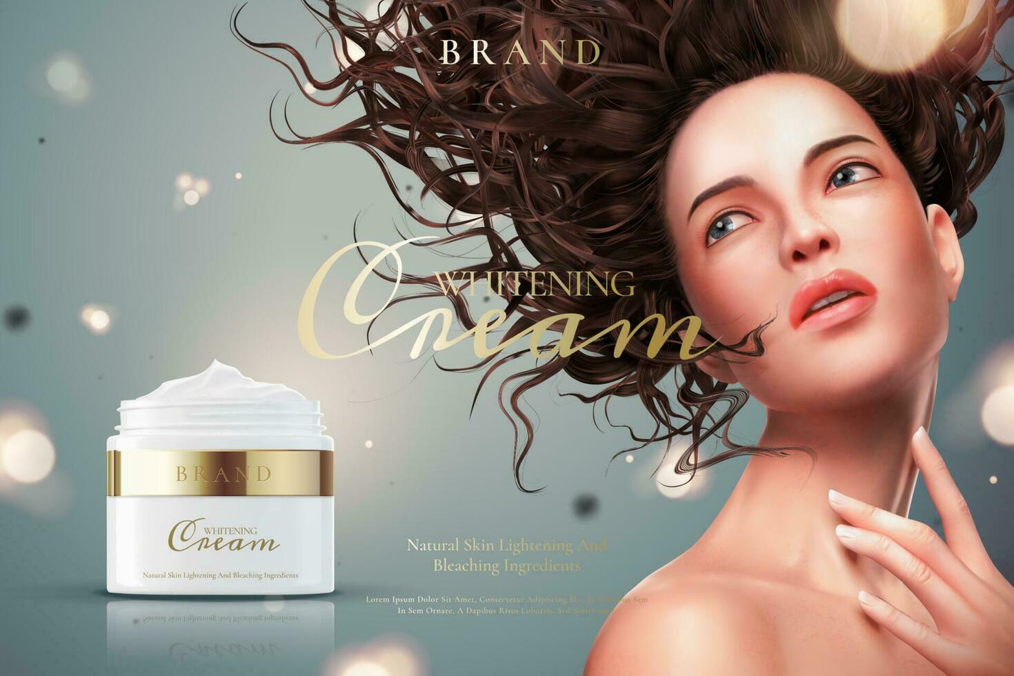 branqueamento creme jarra Publicidades com lindo mulher em bokeh fundo dentro 3d ilustração vetor