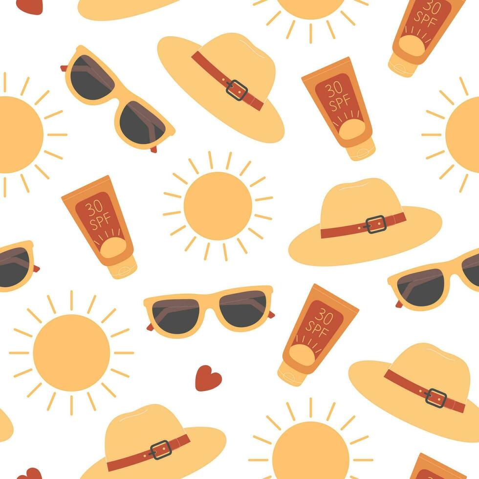 desatado padronizar com sol, oculos de sol, Palha chapéu e protetor solar creme. verão de praia período de férias conceito. colorida vetor plano ilustração isolado em branco fundo