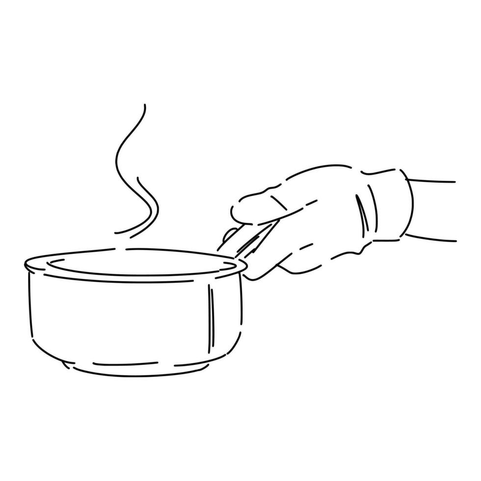 mão com luva segurando uma panela, Panela dentro linha arte, esboço estilo. isolado em branco fundo. mão desenhado vetor ilustração.