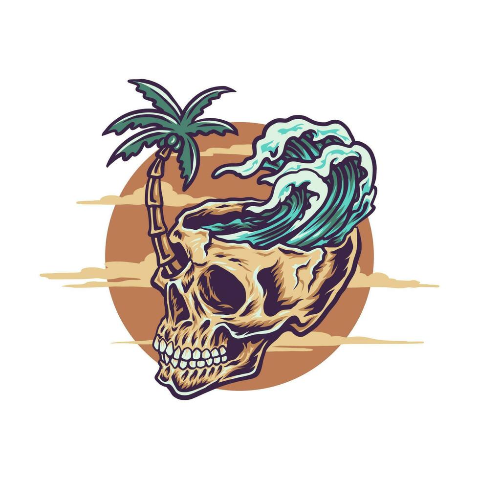 design gráfico de camiseta de praia de verão de caveira, estilo de linha desenhado à mão com cor digital, ilustração vetorial vetor