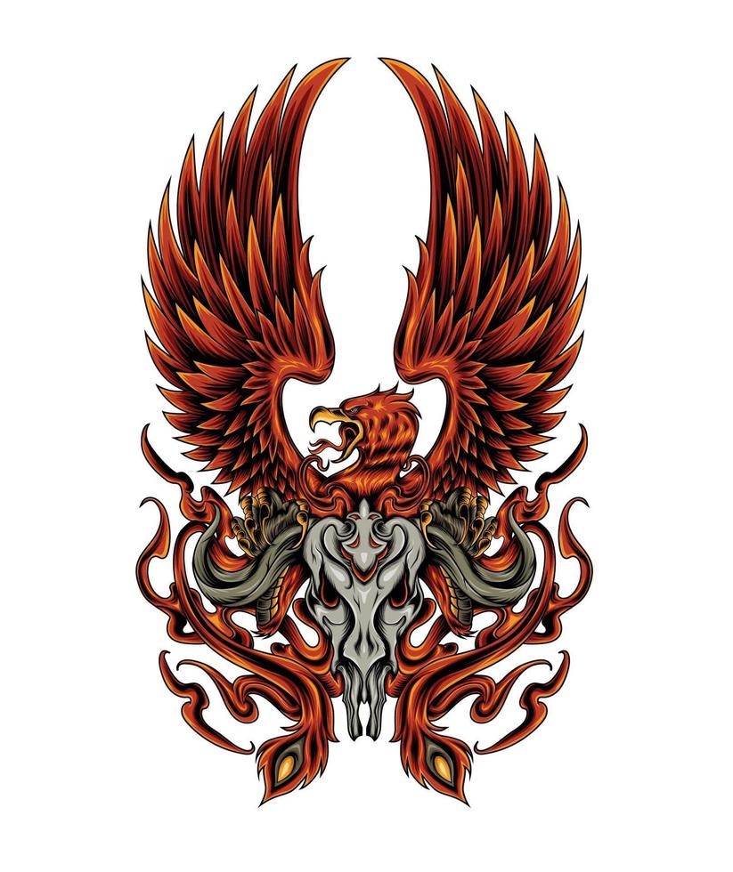 ilustração de fênix com crânio. Fire of Phoenix design para roupas e mercadorias vetor