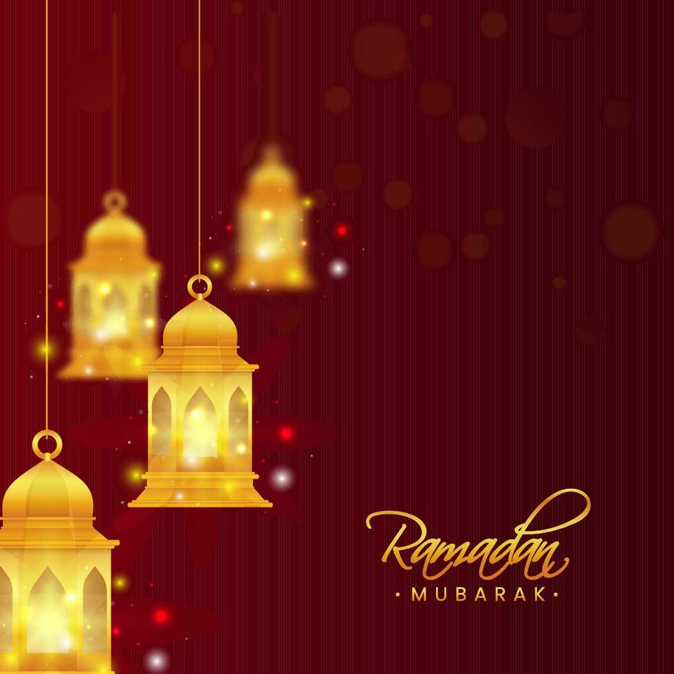 dourado Ramadã Mubarak Fonte com iluminado lanternas aguentar em vermelho fundo. vetor