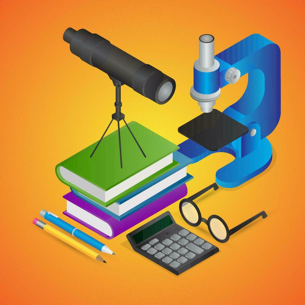 3d Educação objeto gostar Como livros com telescópio, microscópio, calculadora e Óculos em laranja fundo. vetor