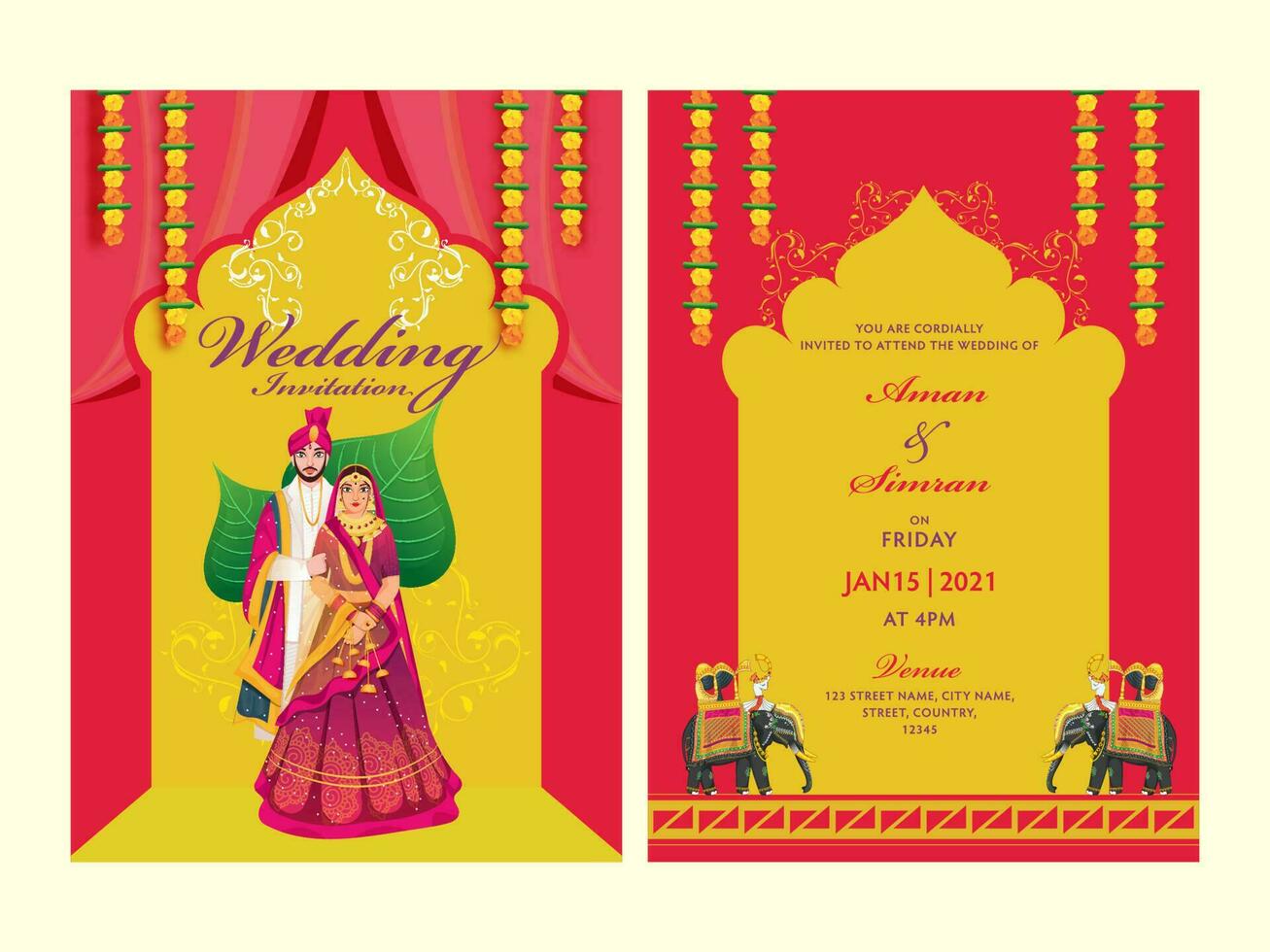 vermelho e amarelo Casamento convite cartão conjunto com indiano casal imagem e local detalhes. vetor