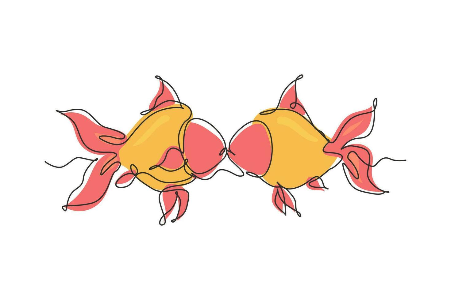 única linha contínua desenhando dois peixinhos dourados se beijando debaixo d'água. par de bichinhos fofos. vivem no aquário juntos. símbolo de casal romântico feliz. ilustração em vetor desenho gráfico dinâmico de uma linha