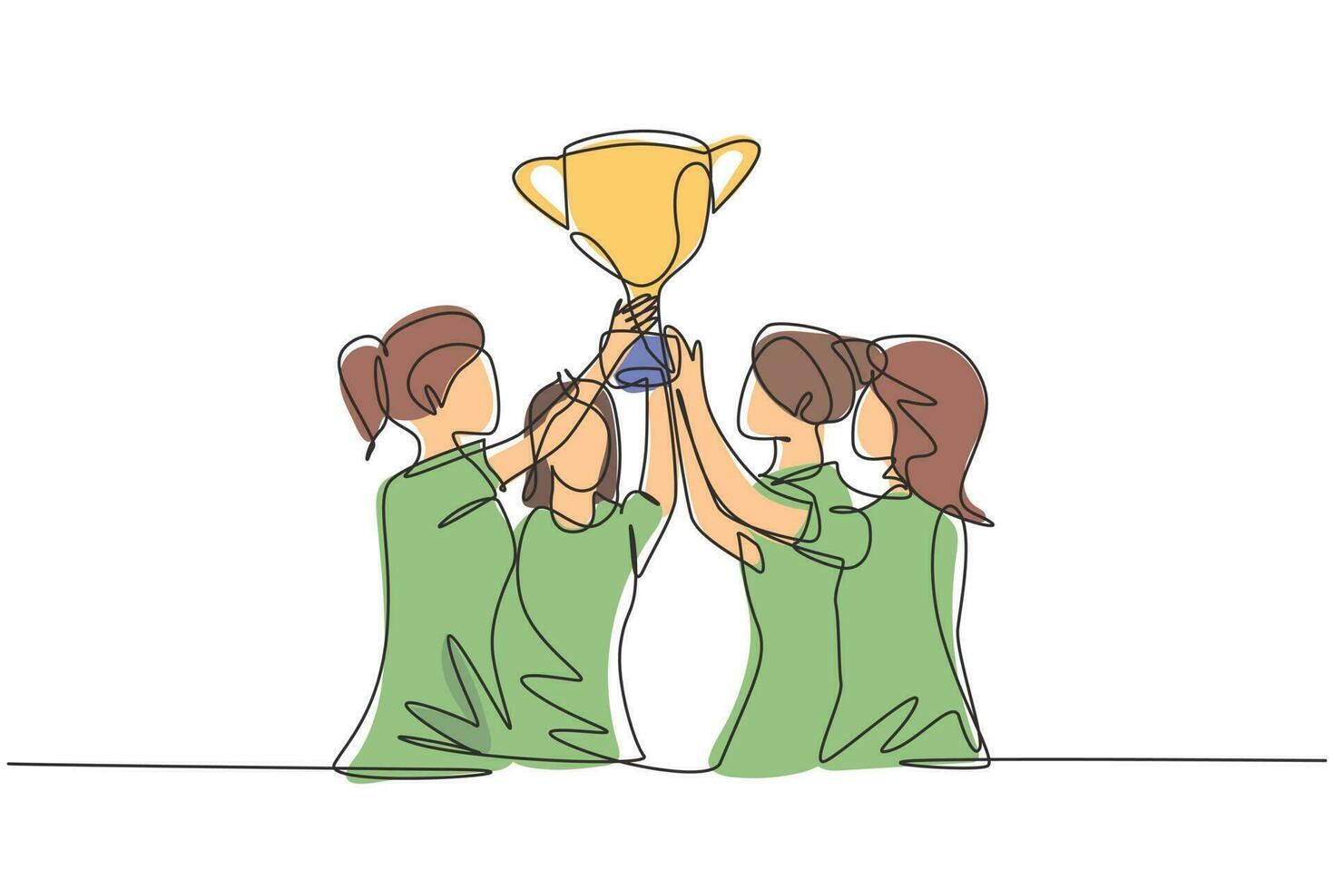 contínua uma linha de desenho da equipe de atleta feminina em camisa esportiva segurando o troféu de ouro juntos. comemorando a vitória do campeonato internacional. ilustração gráfica de vetor de desenho de linha única