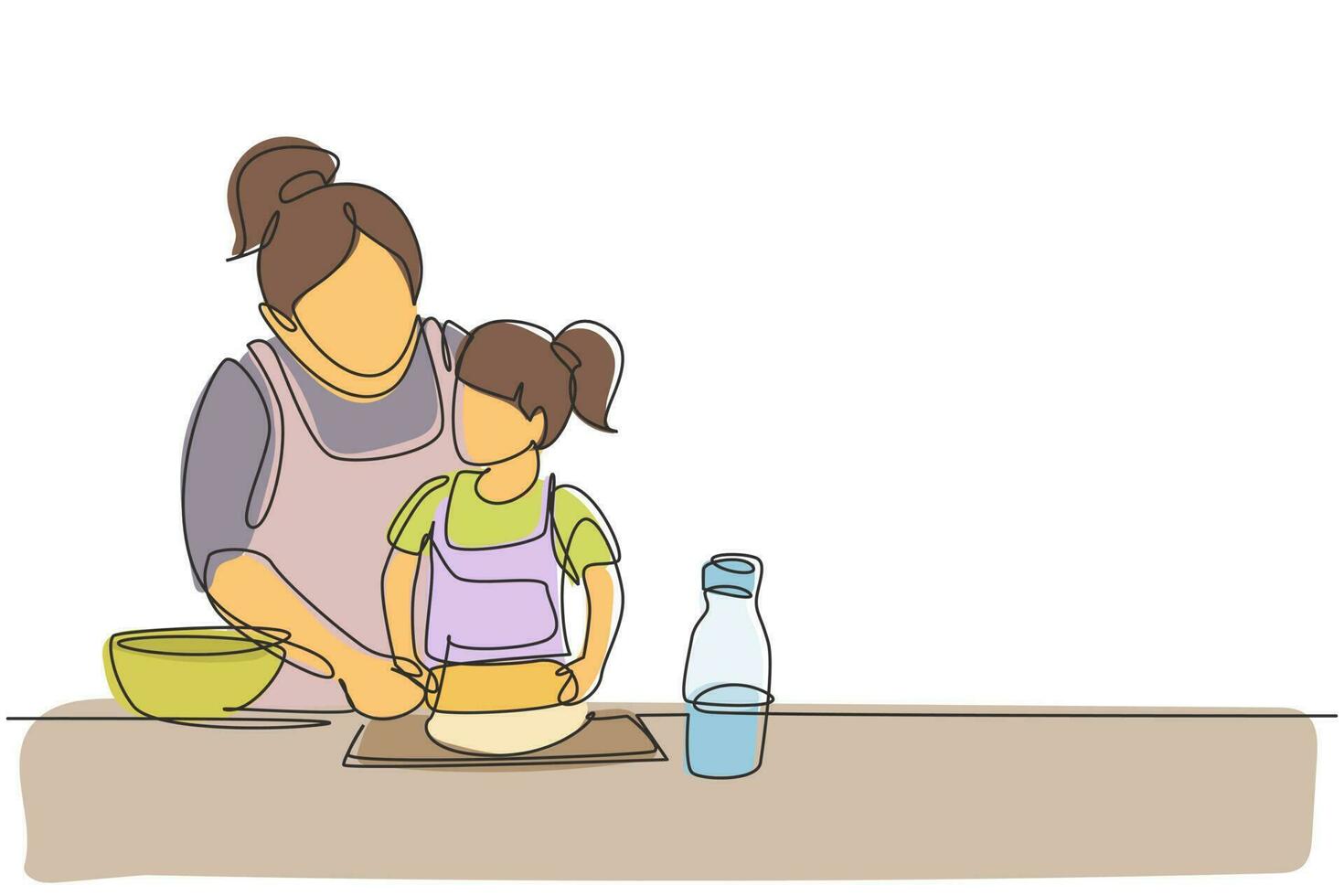 desenho de linha contínua única linda jovem mãe e sua filha estão brincando e sorrindo enquanto assam na cozinha em casa. ilustração em vetor desenho gráfico dinâmico de uma linha
