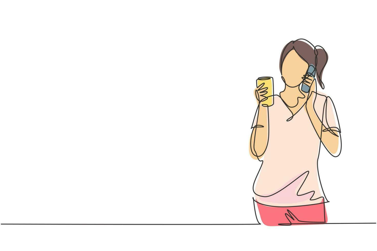 desenho de linha única jovem linda mulher bebendo suco de laranja enquanto faz uma ligação com o smartphone e tomando café da manhã em casa. ilustração em vetor gráfico design moderno linha contínua