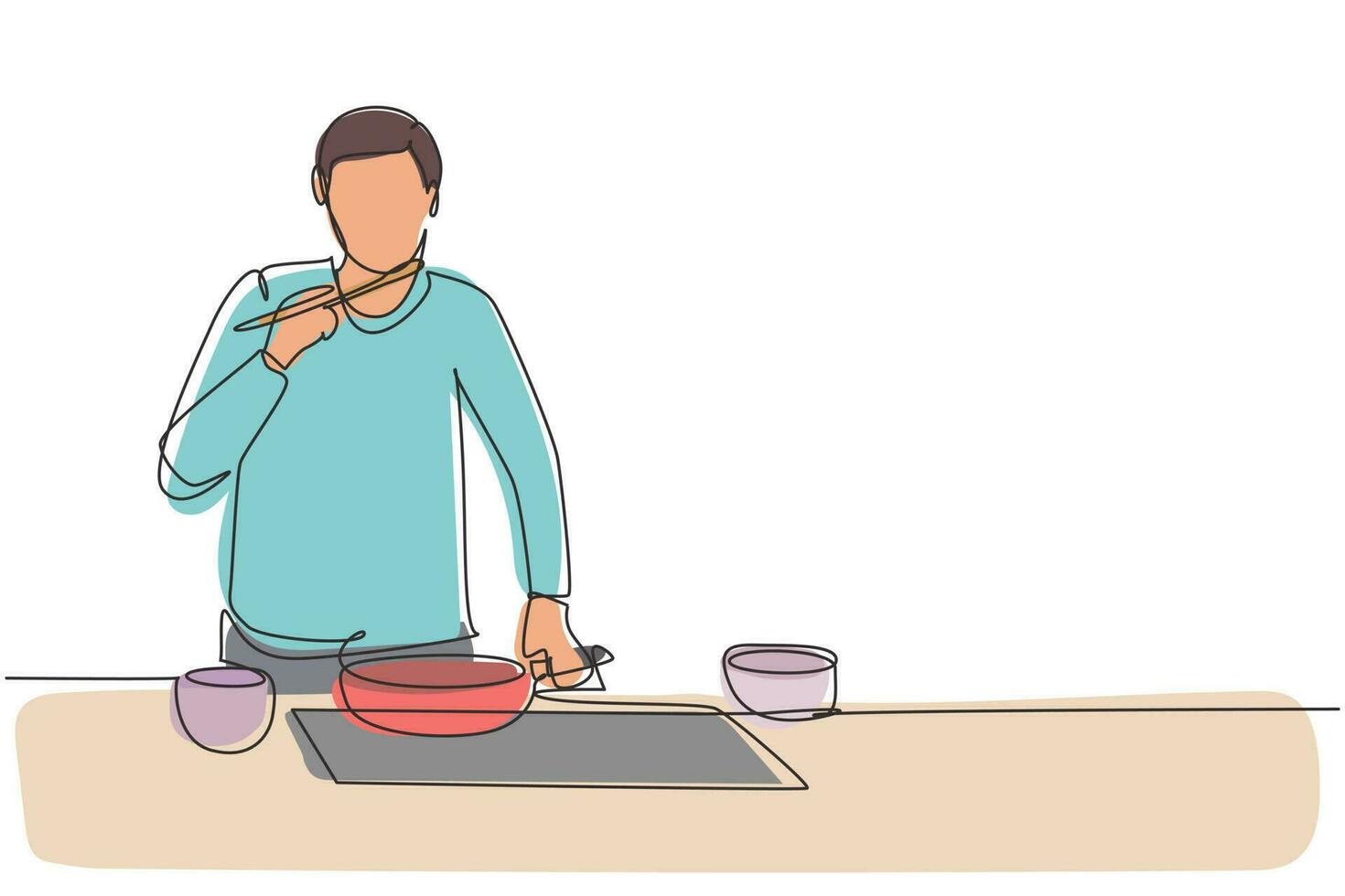 contínua uma linha desenhando um jovem homem bonito misturando molho de tomate, degustação e refeição de condimento com espátula de madeira. preparar comida na cozinha aconchegante. ilustração gráfica de vetor de desenho de linha única