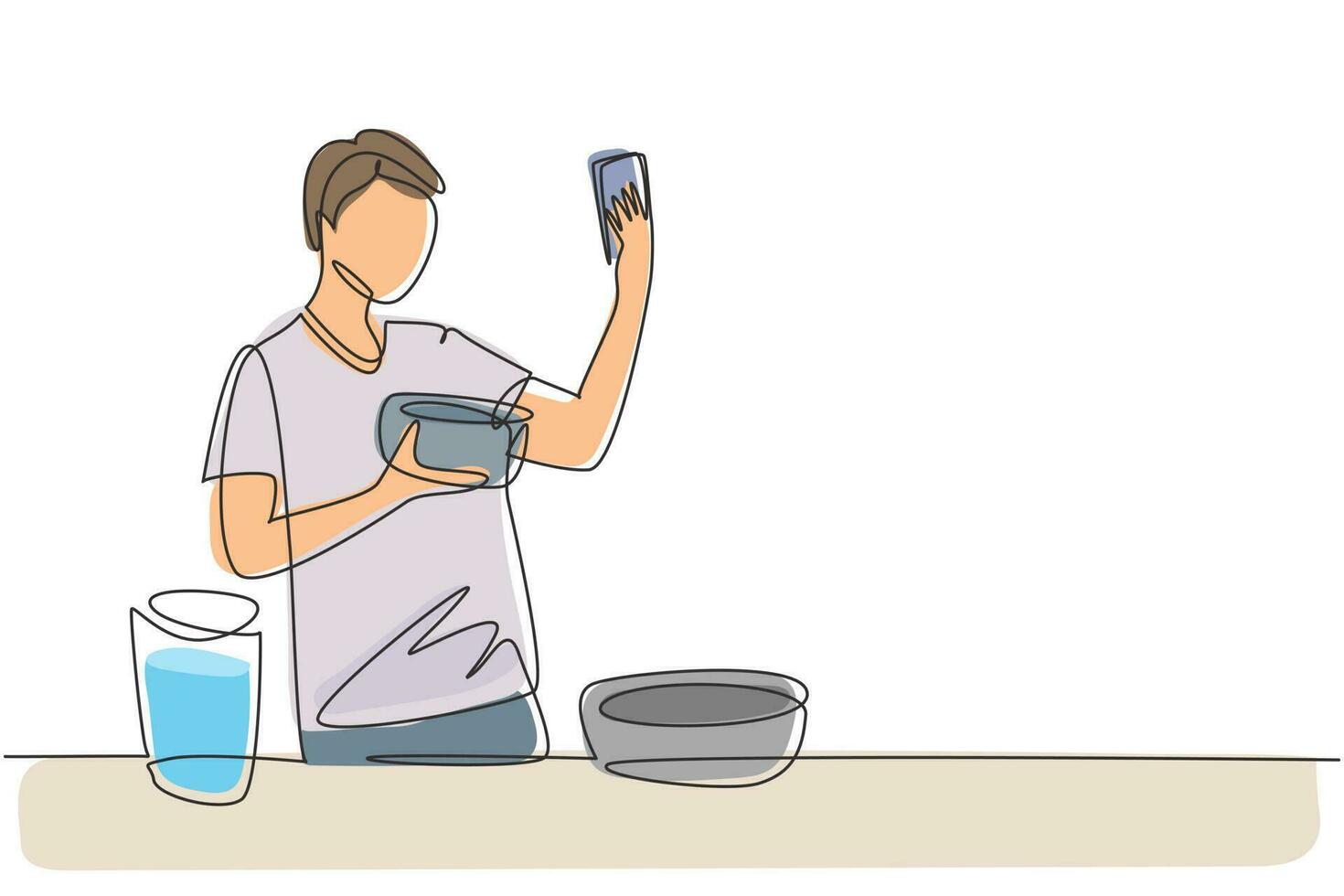 única linha contínua desenho macho bonito tomando selfie ou fazendo videochamada usando seu smartphone enquanto cozinha uma salada fresca. conceito de comida saudável. ilustração em vetor desenho gráfico de uma linha