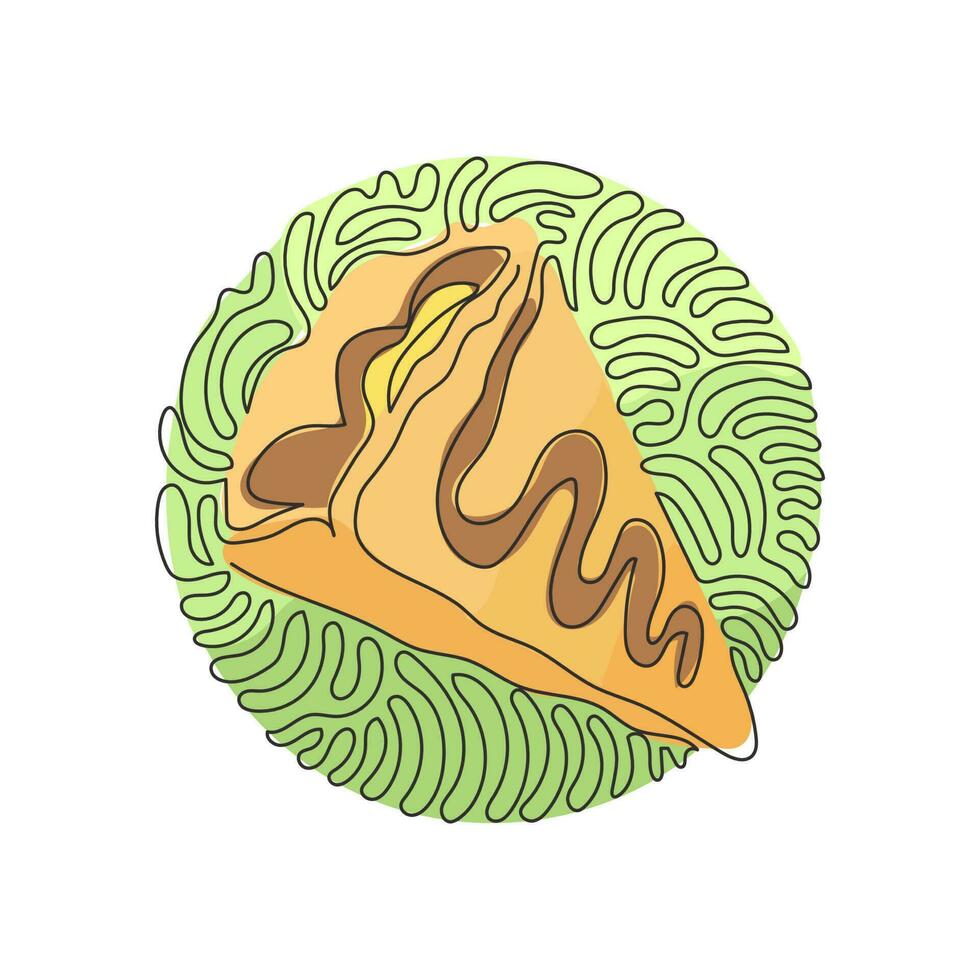 único desenho de uma linha crepes com bananas e chocolate, lanches de panquecas no café ou restaurante. redemoinho curl estilo de fundo do círculo. ilustração em vetor gráfico de desenho de linha contínua moderna