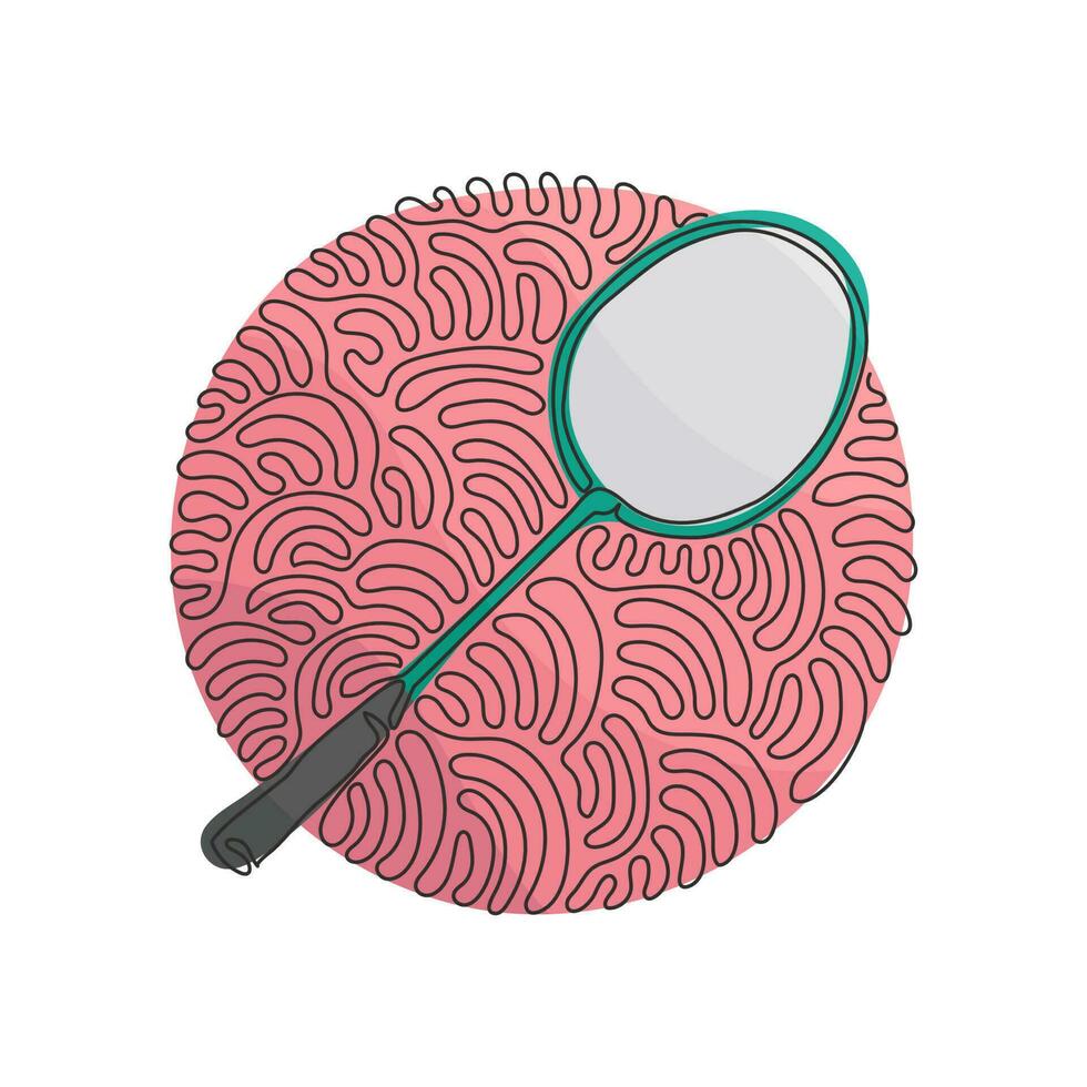 uma única raquete de badminton de desenho de linha. equipamento esportivo. raquetes de badminton vintage. artigos esportivos. redemoinho curl estilo de fundo do círculo. ilustração em vetor gráfico de desenho de linha contínua