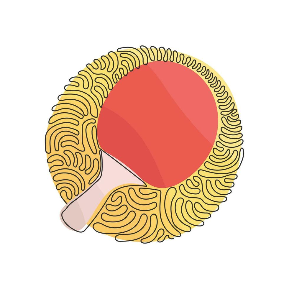 uma única raquete de ping pong de desenho de linha. borracha de cabo de tênis de mesa, equipamento de jogo, jogo esportivo de clube. redemoinho curl estilo de fundo do círculo. ilustração em vetor gráfico de desenho de linha contínua