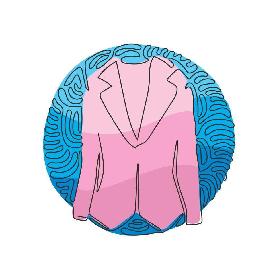 blazer ou jaqueta feminina de desenho de uma linha contínua. roupas básicas em estilo de negócios. vestido-casaco. traje de negócios. redemoinho curl estilo de fundo do círculo. ilustração gráfica de vetor de design de linha única