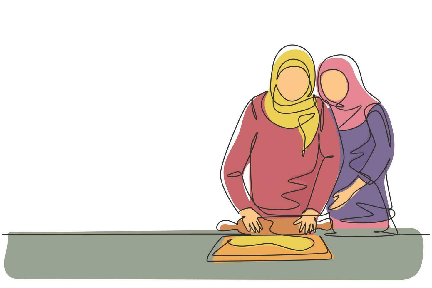 contínuo um desenho de linha feliz sogra de família árabe e filha de nora cozinham na cozinha aconchegante, sove a massa e asse biscoitos. ilustração gráfica de vetor de desenho de linha única