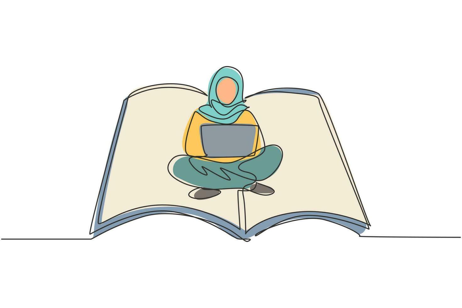 única linha contínua desenho mulher árabe com laptop sentado no grande livro aberto. freelance, ensino à distância, cursos online e conceito de estudo. ilustração em vetor desenho gráfico de uma linha