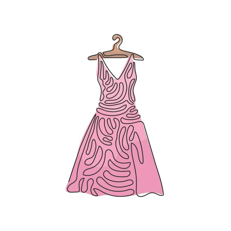 única linha contínua desenhando vestidos elegantes no cabide. vestido moderno e estiloso. ícone de loja de roupas. Boutique de moda. estilo de onda de redemoinho. ilustração em vetor design gráfico de desenho gráfico de uma linha dinâmica