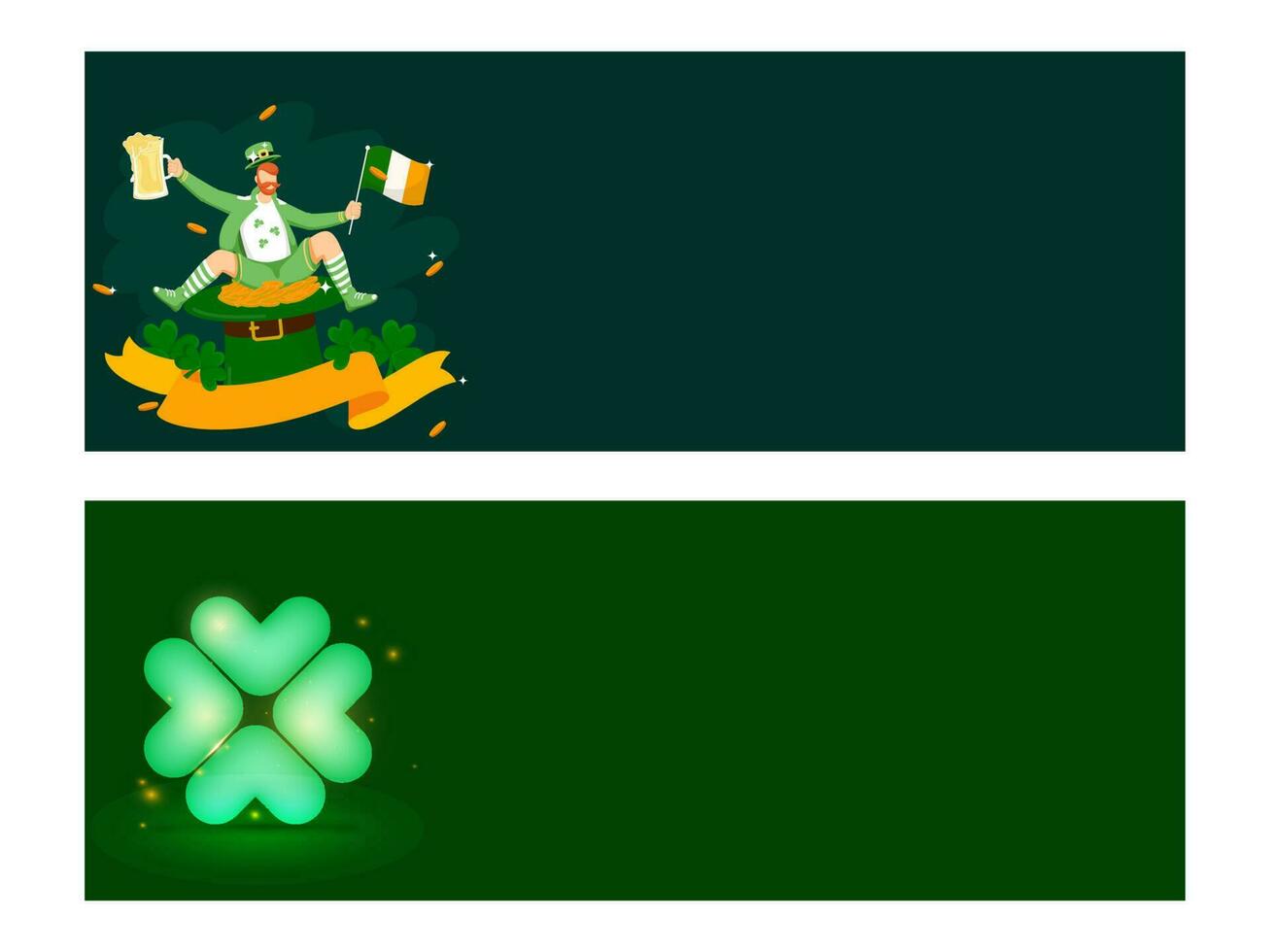 social meios de comunicação cabeçalho ou bandeira com duende homem segurando irlandês bandeira, Cerveja caneca, moedas e trevo folhas em verde fundo dentro dois opções. vetor