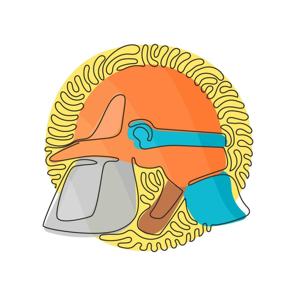 capacete de bombeiro vermelho desenho de uma linha contínua com vidro protetor. equipamento para bombeiro ou voluntário. redemoinho curl estilo de fundo do círculo. ilustração gráfica de vetor de design de linha única