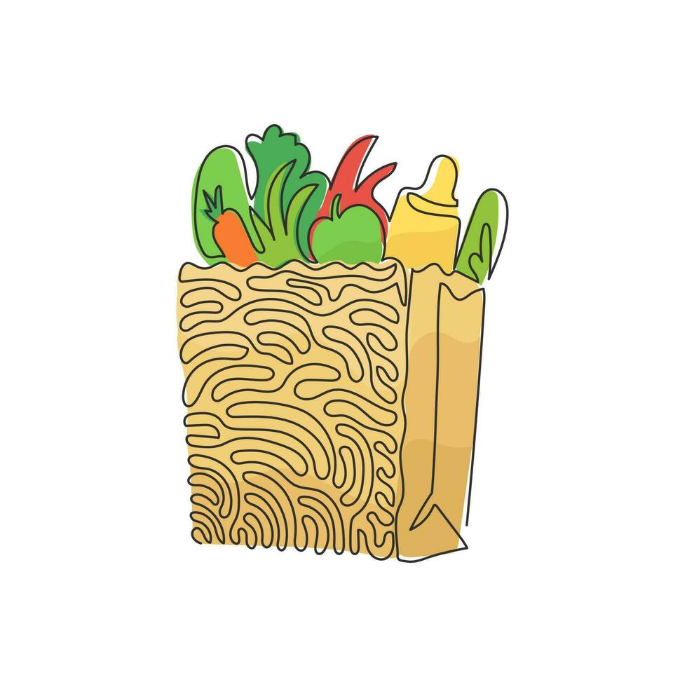 saco de compras de desenho de linha contínua com legumes. pacote de papel com produtos agrícolas e frutas. saco de papel em estilo espiral. ilustração gráfica de vetor de desenho de linha única