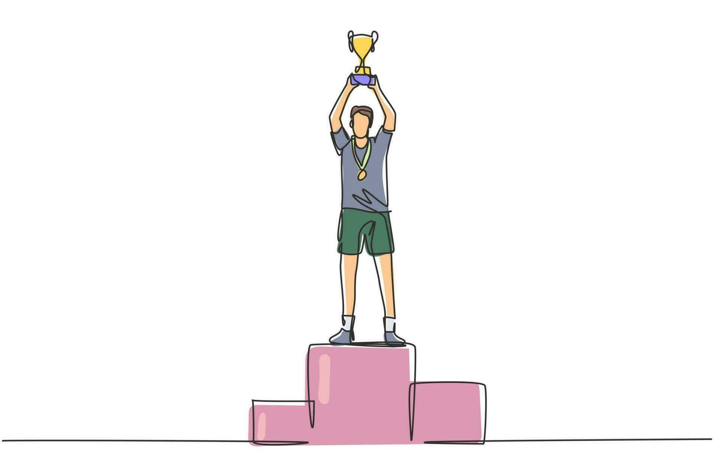 contínua uma linha desenhando um atleta masculino vestindo uma camisa esportiva, levantando o troféu dourado com as duas mãos no pódio. comemorando a vitória do campeonato. ilustração gráfica de vetor de desenho de linha única