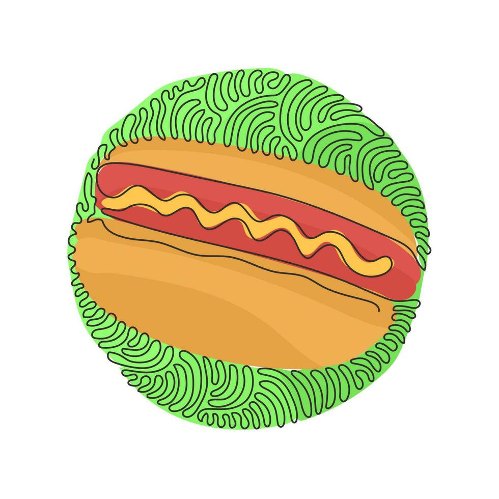 único desenho de uma linha delicioso cachorro-quente. estilo mínimo. perfeito para cartões, cartazes, adesivos. conceito de comida. redemoinho curl estilo de fundo do círculo. ilustração em vetor gráfico de design de linha contínua