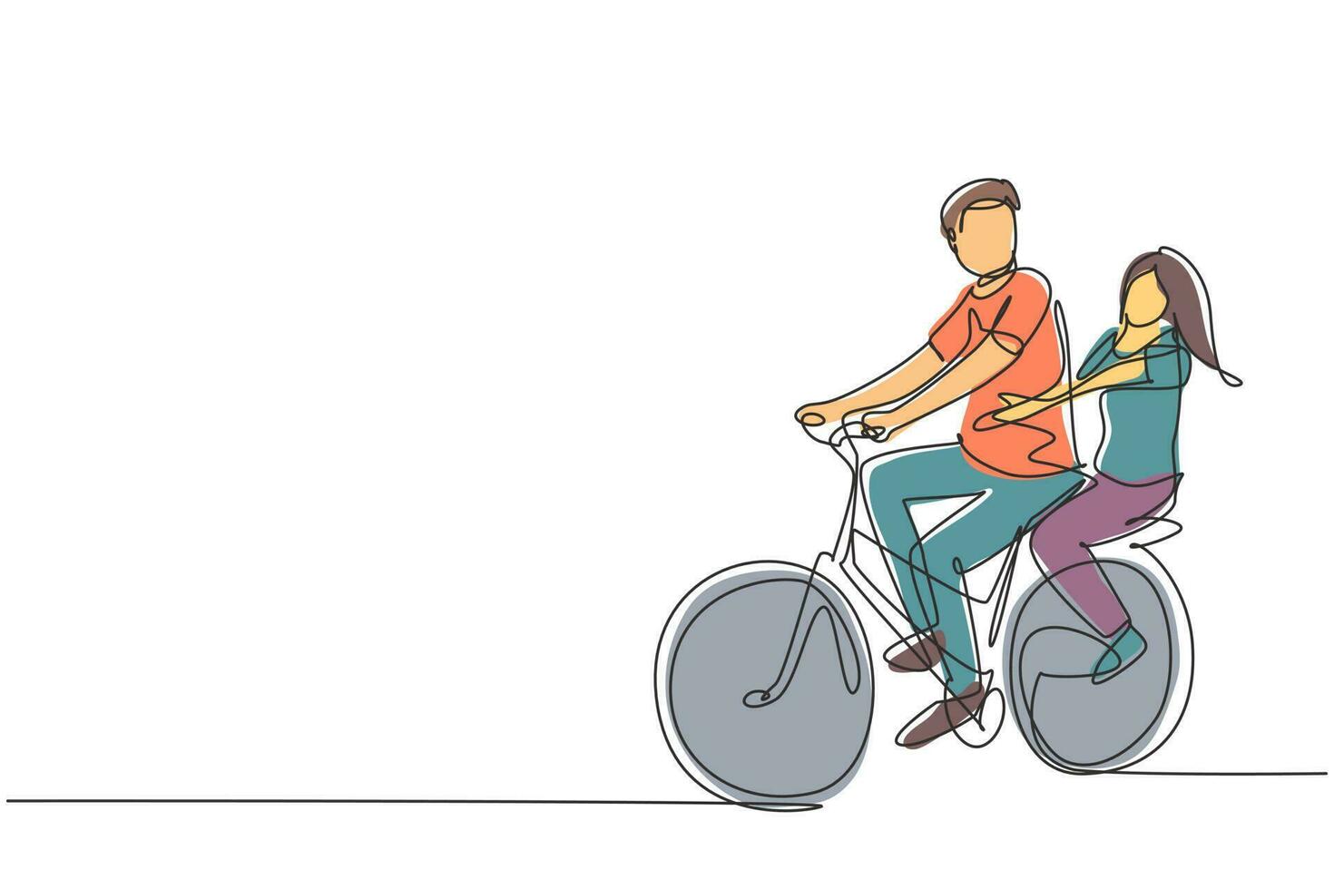 casal único de desenho de linha contínua se diverte andando de bicicleta. casal romântico de ciclismo de mãos dadas. união de jovem marido e mulher. ilustração em vetor desenho gráfico dinâmico de uma linha