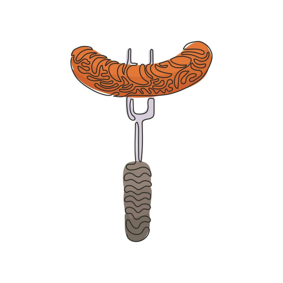 única linha de desenho de linha de salsicha grelhada e ícone de glifo, churrasco e comida, salsicha no sinal de garfo. refeição deliciosa. estilo de onda de redemoinho. ilustração em vetor gráfico de desenho de linha contínua moderna