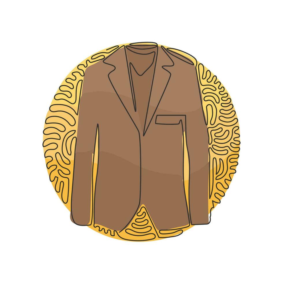 único desenho de linha contínua homens terno formal. jaqueta masculina. terno masculino de casamento, smoking. roupas em estilo de negócios. redemoinho curl estilo de fundo do círculo. vetor de design gráfico de desenho dinâmico de uma linha