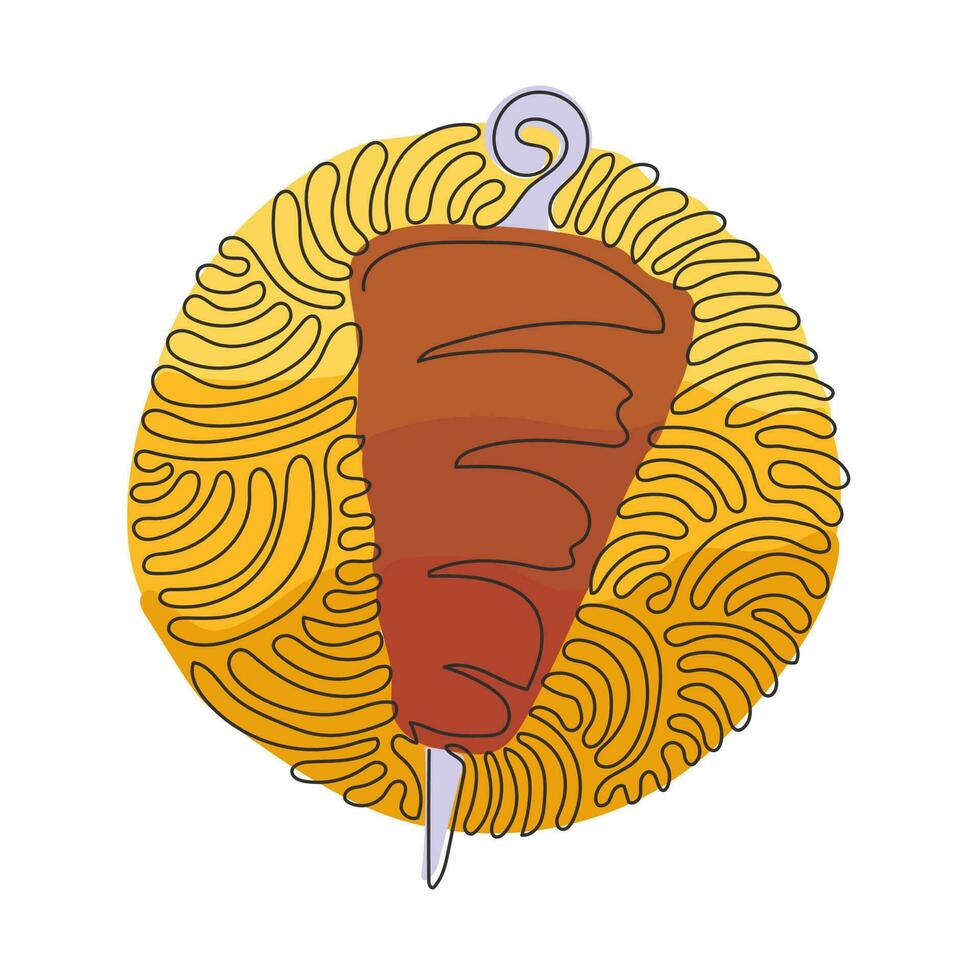 único desenho de linha contínua doner kebab no poste. menu de fast food de cozinha árabe. comida do oriente médio. redemoinho curl estilo de fundo do círculo. ilustração em vetor design gráfico de desenho gráfico de uma linha dinâmica