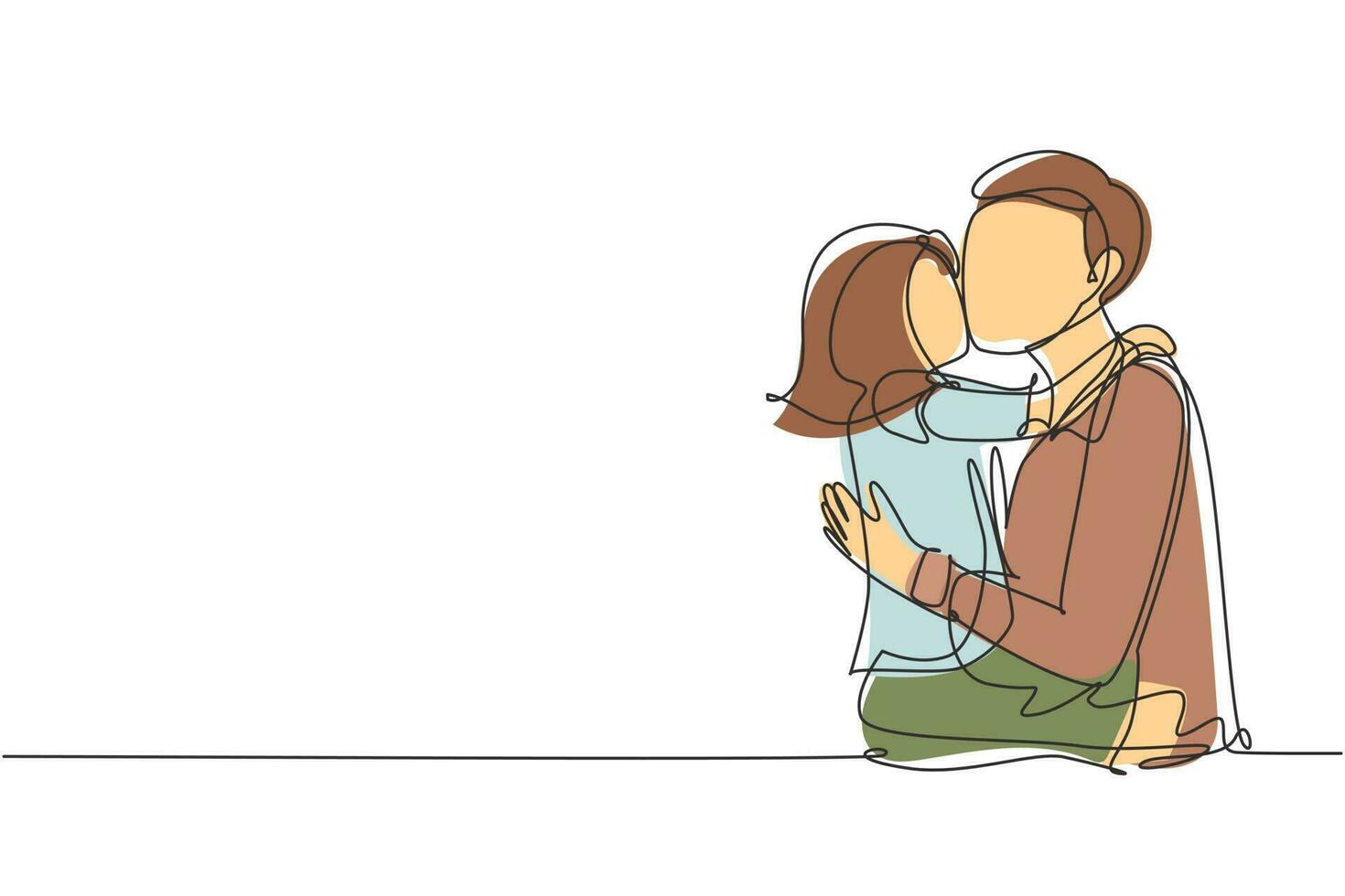 desenho de linha única contínua doce menina está abraçando e beijando seu lindo papai na bochecha enquanto está sentado na cama em casa. Dia dos Pais. ilustração em vetor desenho gráfico dinâmico de uma linha