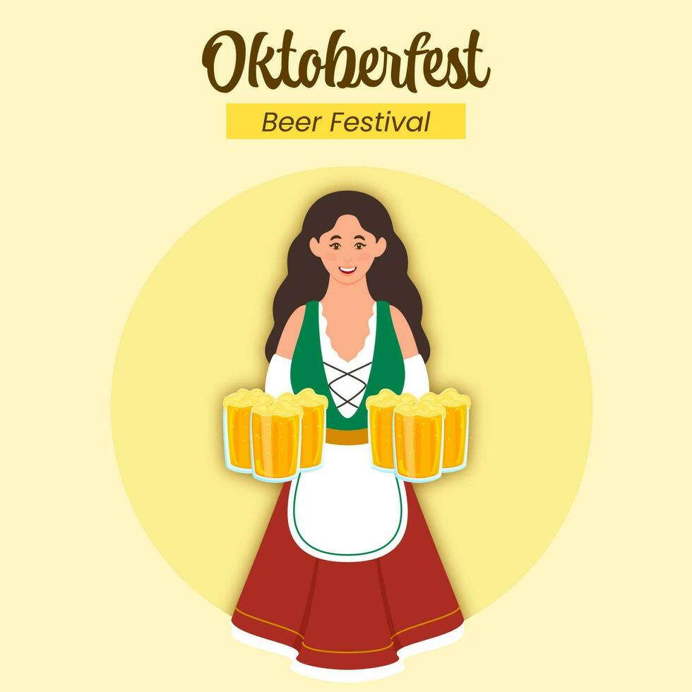 Cerveja festival oktoberfest celebração conceito com alemão jovem menina vestindo tradicional vestir e Cerveja canecas em amarelo fundo. vetor
