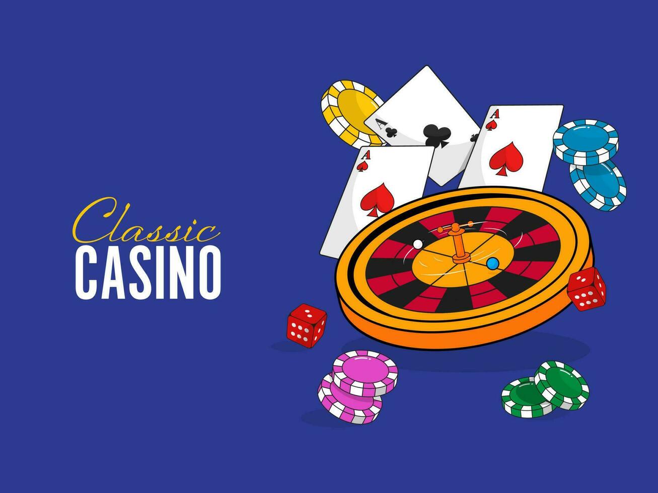 clássico cassino poster Projeto com 3d roleta roda, jogando cartões, pôquer salgadinhos e corta em azul fundo. vetor