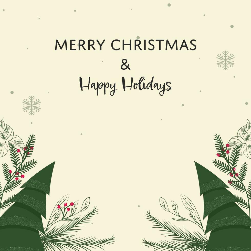 alegre Natal e feliz feriados cumprimento cartão com natal árvores, abeto folhas e bagas em bege fundo. vetor