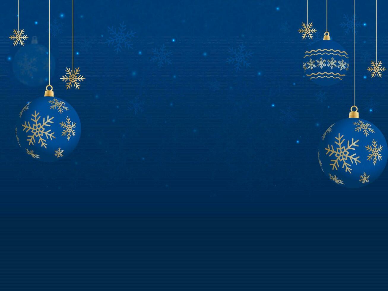 realista Natal bolas e flocos de neve decorado em azul luzes efeito fundo. vetor