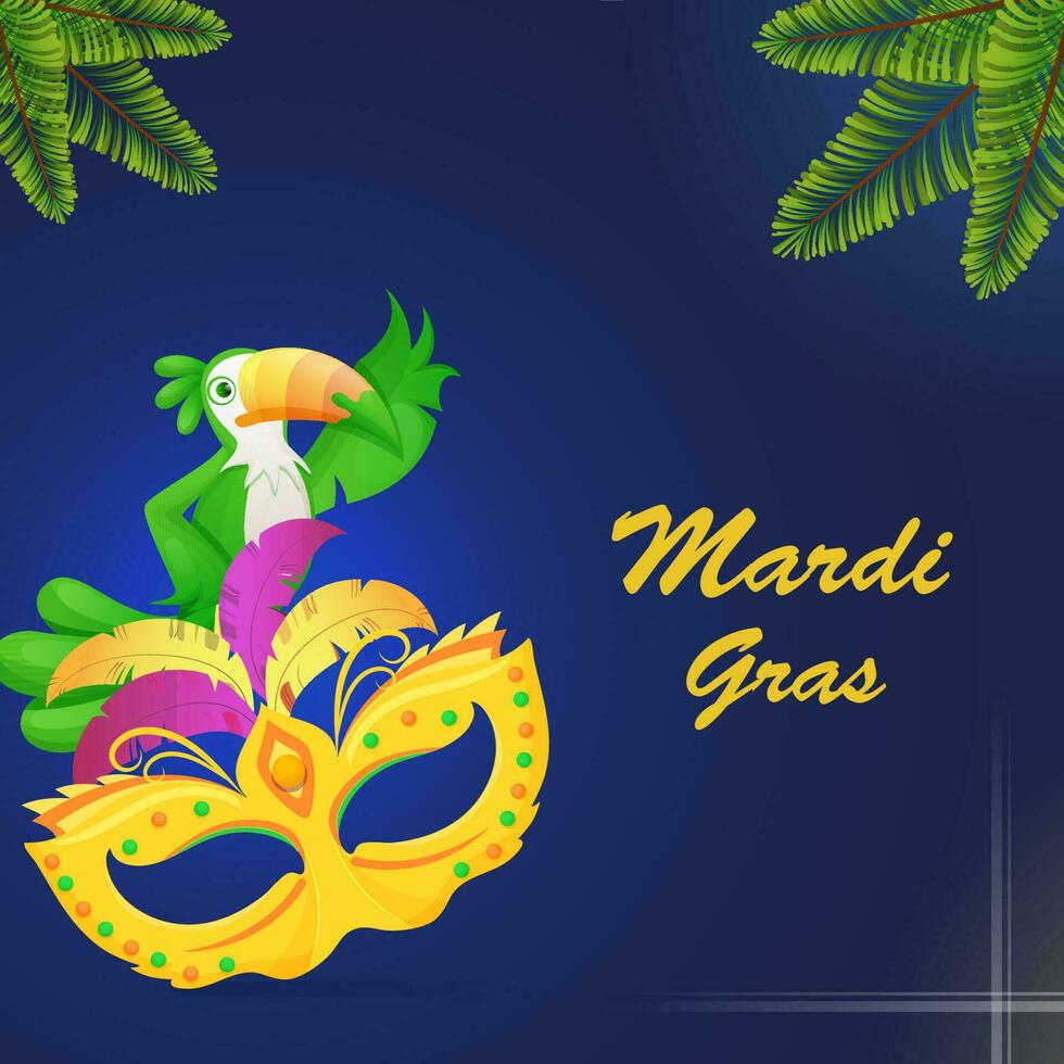 mardi gras celebração poster Projeto com pena mascarar, tucano pássaro e abeto folhas em azul fundo. vetor