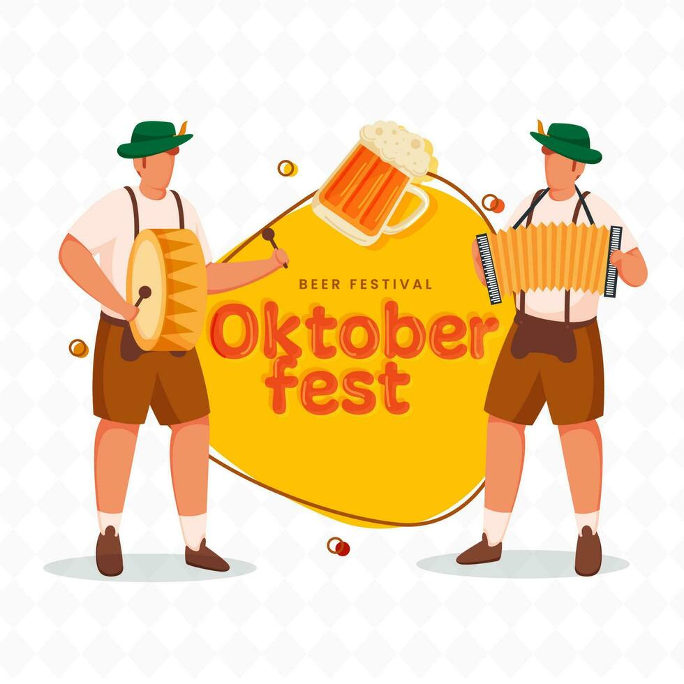 oktoberfest Cerveja festival conceito com sem rosto alemão homens jogando música instrumento em amarelo e branco losango padronizar fundo. vetor