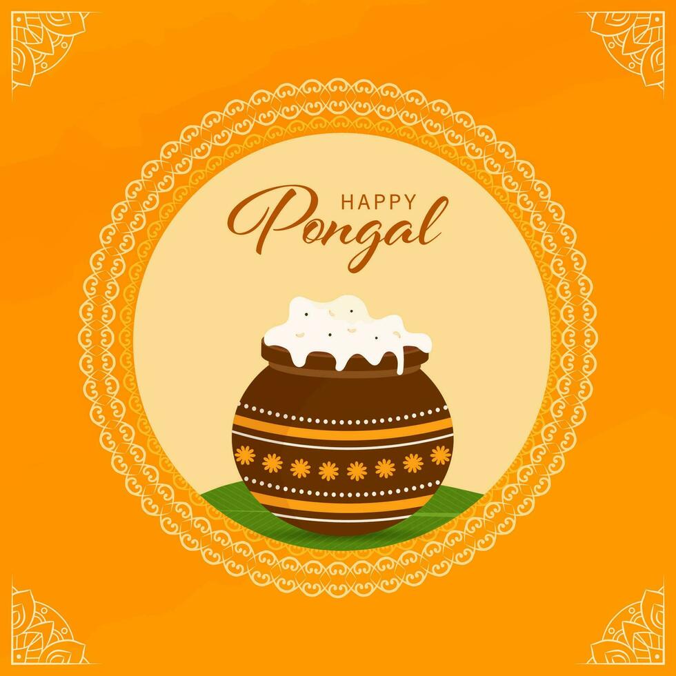 feliz pongal celebração conceito com tradicional prato dentro lama Panela em amarelo fundo. vetor